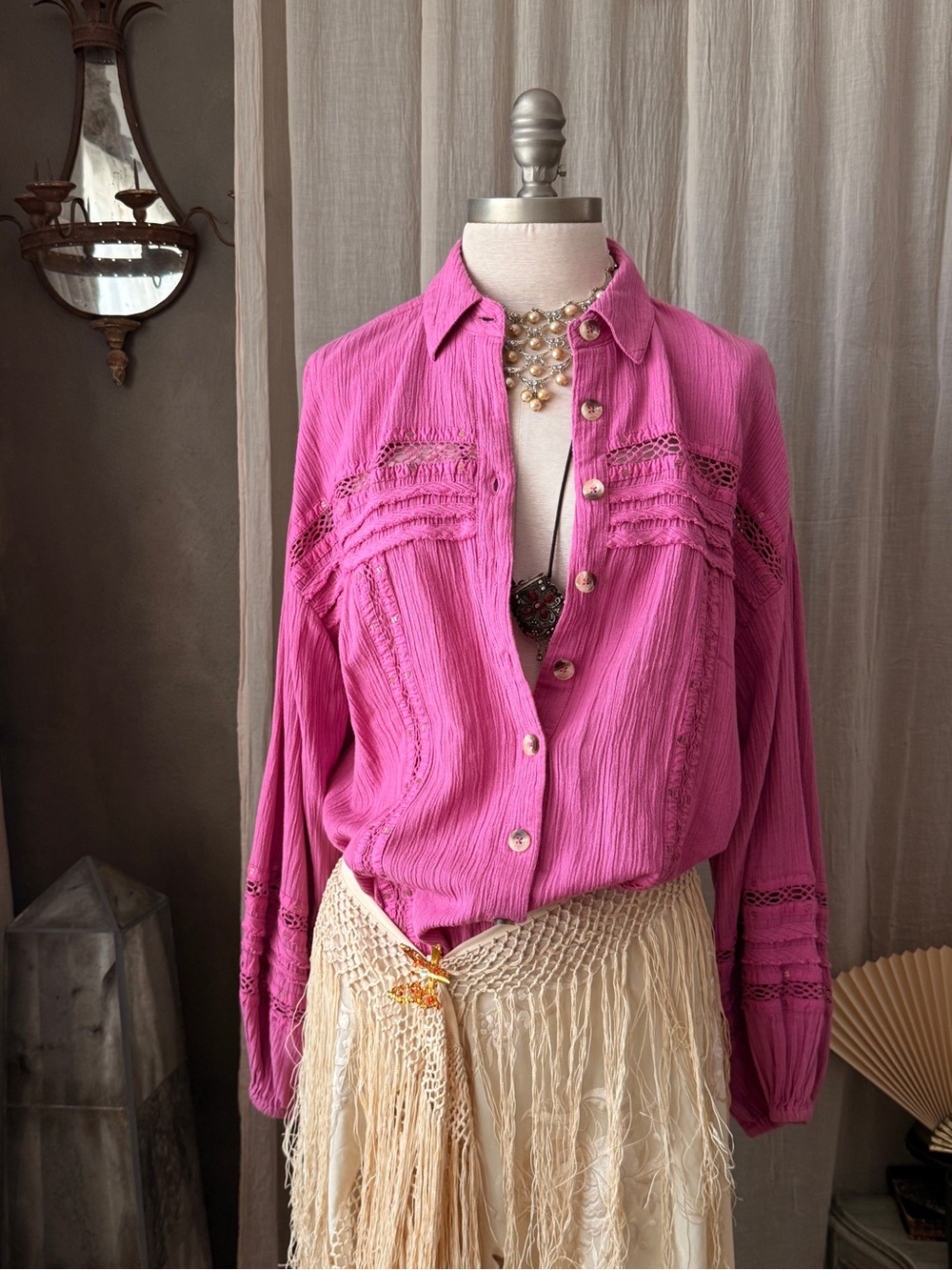 Free People Pink Lace-Trim summer stars Button Down Blouse